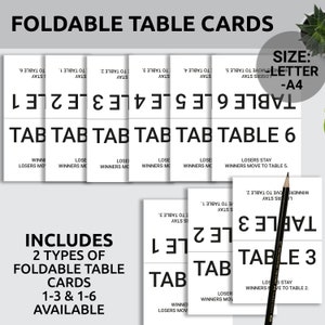 Pu&ograve; includere: Biglietti da tavolo pieghevoli con il testo "Tavolo 1" a "Tavolo 6" in bianco e nero. I biglietti sono disponibili in due tipi, 1-3 e 1-6, e in formato lettera, A4. I biglietti includono istruzioni per vincitori e perdenti.