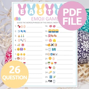 May include: A printable Easter Emoji Game PDF file. The game features 26 questions with emojis to guess words or phrases. The design includes pastel colours, Easter bunny ears, and the text "EASTER".