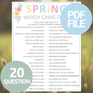 Pode incluir: Uma folha de jogo PDF imprimível com o título "Spring: Which Came First?" em cores pastel. A folha apresenta 20 perguntas sobre eventos históricos, com um gráfico "PDF FILE" no canto superior direito.