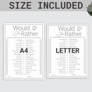 May include: Two printable "Would She Rather" game cards for a bridal shower. Each card has a list of 20 questions with two options each. The cards are labelled "A4" and "Letter" to indicate the size.