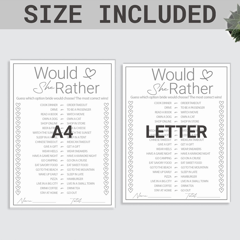 May include: Two printable "Would She Rather" game cards for a bridal shower. Each card has a list of 20 questions with two options each. The cards are labelled "A4" and "Letter" to indicate the size.