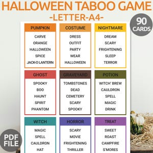 Jogo de Tabu de Halloween | Jogos de Festa de Halloween | Jogo de 5 Segundos de Halloween | Cartões de Jogo de Tabu de Feriado de Halloween para Imprimir | Jogos Divertidos de Halloween