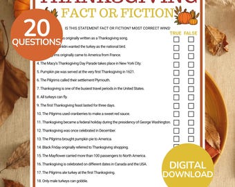 Thanksgiving Fact or Fiction Game | Thanksgiving Party Game | Thanksgiving Trivia Quiz | Printable Thanksgiving Game | Friendsgiving Games