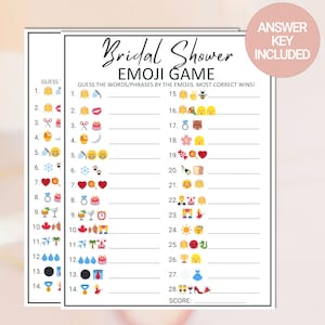 Puede incluir: Un juego de despedida de soltera imprimible con fondo blanco y texto negro. El juego se llama "Bridal Shower Emoji Game" e instruye a los jugadores a adivinar las palabras o frases representadas por los emojis. El juego incluye 28 emojis y una secci&oacute;n de puntuaci&oacute;n.