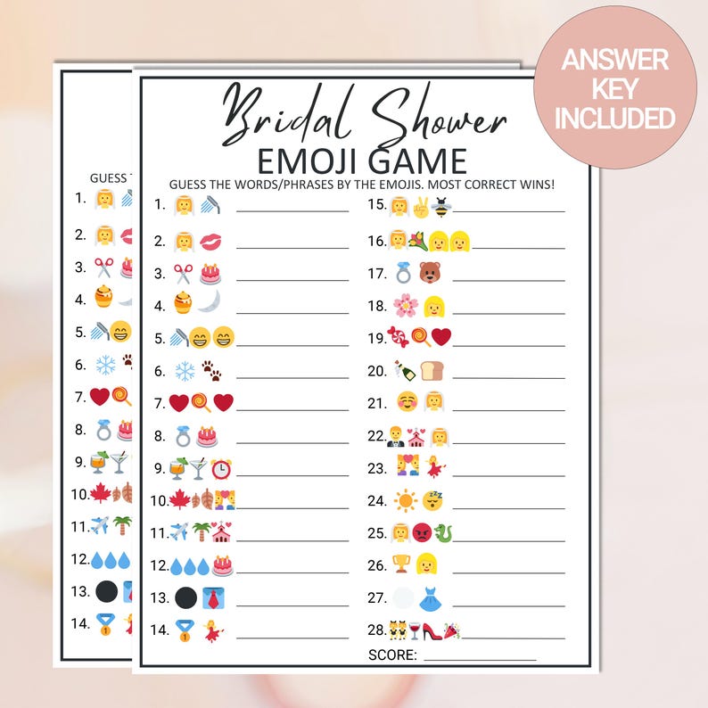 Puede incluir: Un juego de despedida de soltera imprimible con fondo blanco y texto negro. El juego se llama "Bridal Shower Emoji Game" e instruye a los jugadores a adivinar las palabras o frases representadas por los emojis. El juego incluye 28 emojis y una secci&oacute;n de puntuaci&oacute;n.