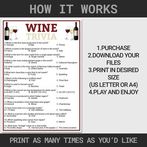 Pode incluir: Um jogo de trivia de vinho imprim&iacute;vel com perguntas sobre produ&ccedil;&atilde;o de vinho, variedades de uva e temperaturas de servi&ccedil;o. O design inclui garrafas de vinho, ta&ccedil;as e o texto "HOW IT WORKS". Instru&ccedil;&otilde;es inclu&iacute;das.
