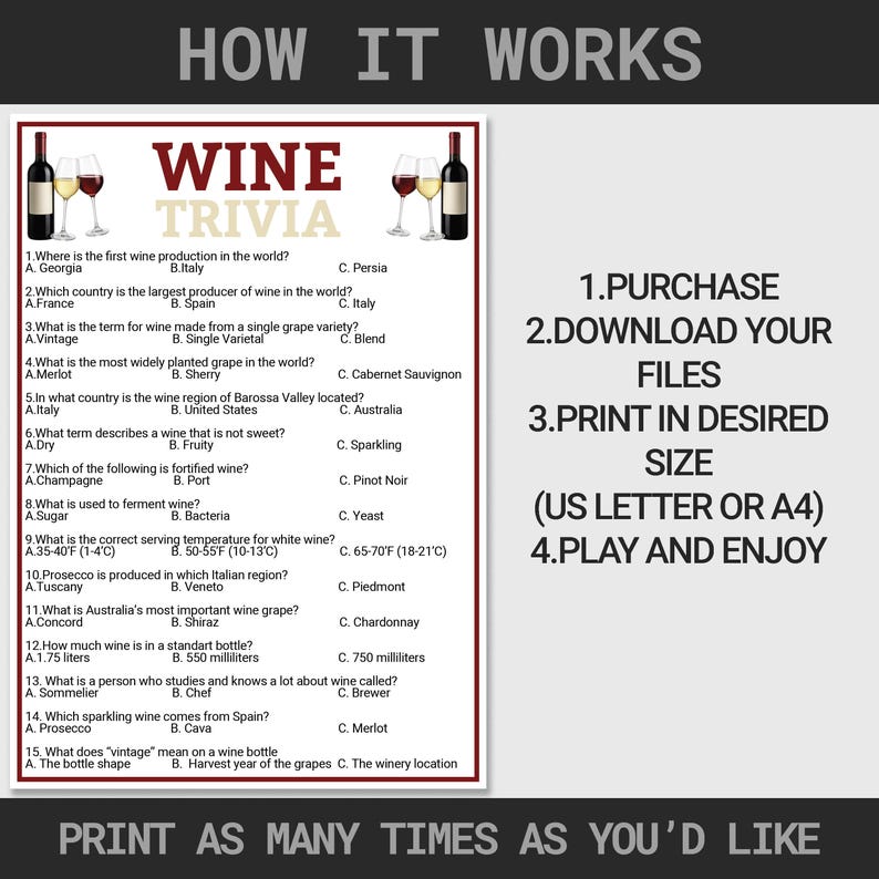 Pode incluir: Um jogo de trivia de vinho imprim&iacute;vel com perguntas sobre produ&ccedil;&atilde;o de vinho, variedades de uva e temperaturas de servi&ccedil;o. O design inclui garrafas de vinho, ta&ccedil;as e o texto "HOW IT WORKS". Instru&ccedil;&otilde;es inclu&iacute;das.