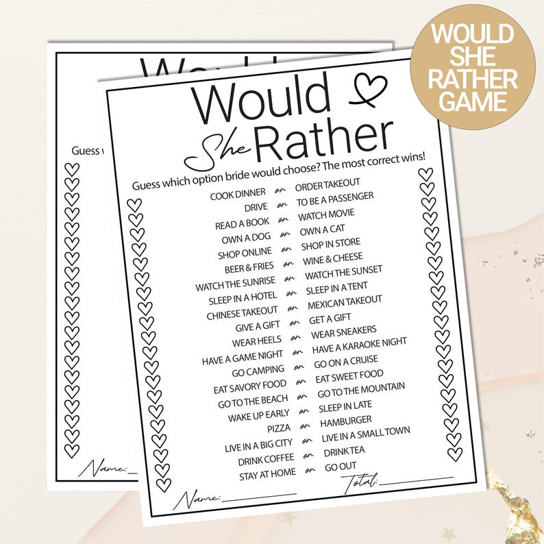 May include: A printable "Would She Rather" bridal shower game with 20 questions. The game is black and white with hearts and a pink heart in the title. The game is designed to be printed and played at a bridal shower.