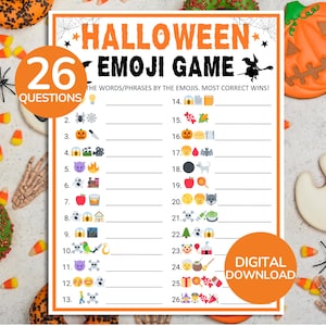 Może przedstawiać: Arkusz do gry Halloween Emoji Game z tytułem HALLOWEEN EMOJI GAME, 26 ponumerowanymi liniami z sekwencjami emoji do rozwiązania oraz odznaką 26 QUESTIONS. Biały papier ma pomarańczową ramkę i grafikę z pajęczynami.