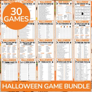 May include: A collection of 30 printable Halloween game sheets featuring black text on white backgrounds with orange headers. The bundle includes activities like word scrambles, scavenger hunts, trivia, and questionnaires, all decorated with small black witch silhouettes.