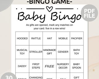 30 cartelle bingo per baby shower / Giochi bingo per bambini precompilati / Cartelle bingo minimaliste per baby shower / Cartella bingo regalo per neonati / Gioco bingo per baby shower