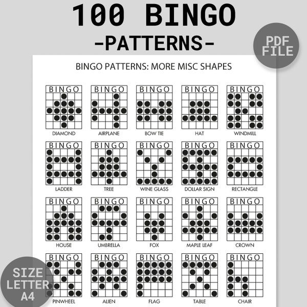 100 bingopatronen | Afdrukbaar leuk bingofeestspel | Bingo-winnende patronen | Bingo-alfabet, cijfers, tekens, vormen | PDF-download