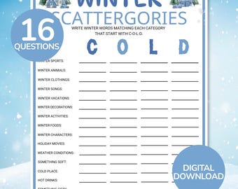 Winterliches Scattergories-Spiel | Druckbares Schnell-Denkspiel | Lustige Winter-Wortspiele | Winterpartyspiel | Winteraktivitäten für Kinder und Erwachsene