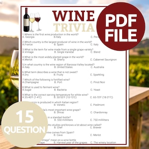 Pode incluir: Um arquivo PDF de trivia sobre vinhos com um logotipo circular vermelho. As perguntas cobrem a produ&ccedil;&atilde;o de vinho, as castas e as temperaturas de servi&ccedil;o. A imagem inclui uma garrafa e ta&ccedil;as de vinho.