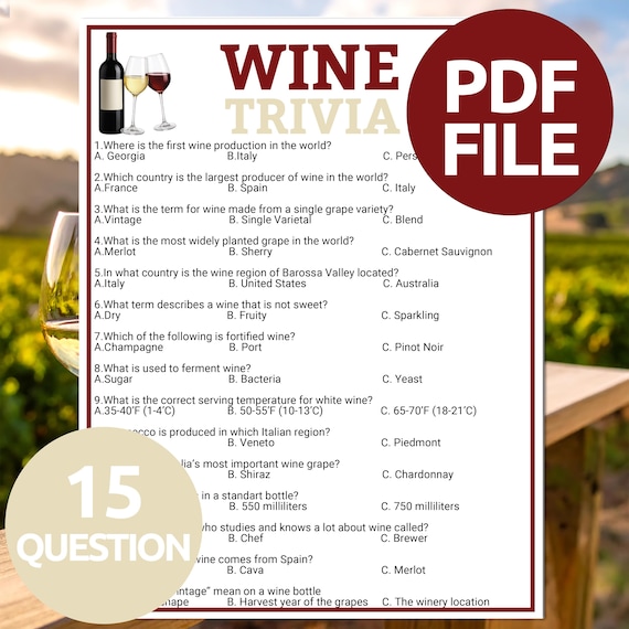 Wine Trivia Game | Printable Wine Trivia Quiz | Wine Party Trivia Game | Printable Wine & Cheese Party Games | Icebreaker Wine Tasting Game
