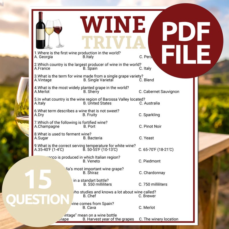 Pode incluir: Um arquivo PDF de trivia sobre vinhos com um logotipo circular vermelho. As perguntas cobrem a produ&ccedil;&atilde;o de vinho, as castas e as temperaturas de servi&ccedil;o. A imagem inclui uma garrafa e ta&ccedil;as de vinho.