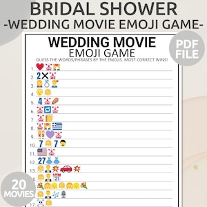Wedding Movie Emoji Game | Wedding Emoji Pictionary | Bridal Shower Wedding Movies Emoji Pictionary Game | Printable Fun Bridal Shower Game