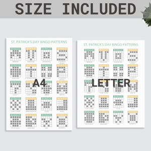 Puede incluir: Dos hojas de patrones de bingo del D&iacute;a de San Patricio. Cada hoja presenta m&uacute;ltiples cartones de bingo con varias im&aacute;genes tem&aacute;ticas del D&iacute;a de San Patricio y la palabra "BINGO". El texto "SIZE INCLUDED" est&aacute; en la parte superior.