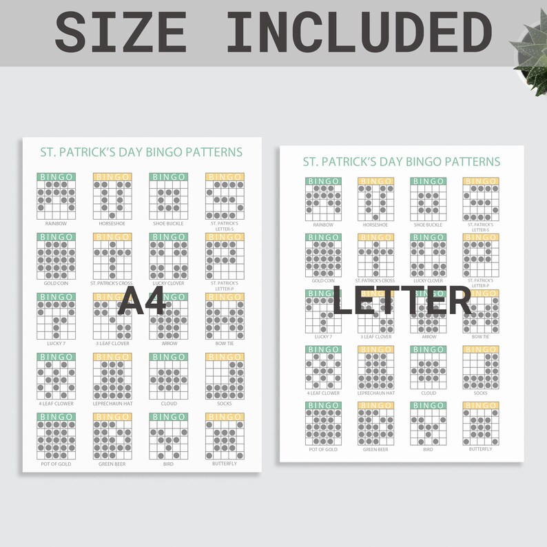 Puede incluir: Dos hojas de patrones de bingo del D&iacute;a de San Patricio. Cada hoja presenta m&uacute;ltiples cartones de bingo con varias im&aacute;genes tem&aacute;ticas del D&iacute;a de San Patricio y la palabra "BINGO". El texto "SIZE INCLUDED" est&aacute; en la parte superior.