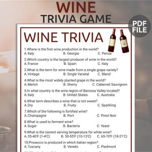 Wine Trivia Game | Printable Wine Trivia  Quiz | Wine Party Trivia Game | Printable Wine & Cheese Party Game | Wine Tasting Party Icebreaker