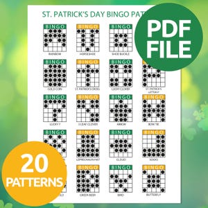 May include: A St. Patrick's Day bingo game with 20 patterns. The bingo cards feature various St. Patrick's Day themed images, including a rainbow, horseshoe, and lucky clover. The words "PDF FILE" are in a green circle, and "20 PATTERNS" is in an orange circle.
