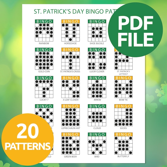 St. Patrick's Bingo Patterns | St. Patrick's Bingo | Printable Bingo Game | St. Patrick's Party Game | Bingo Game Patterns | 20 Fun Patterns