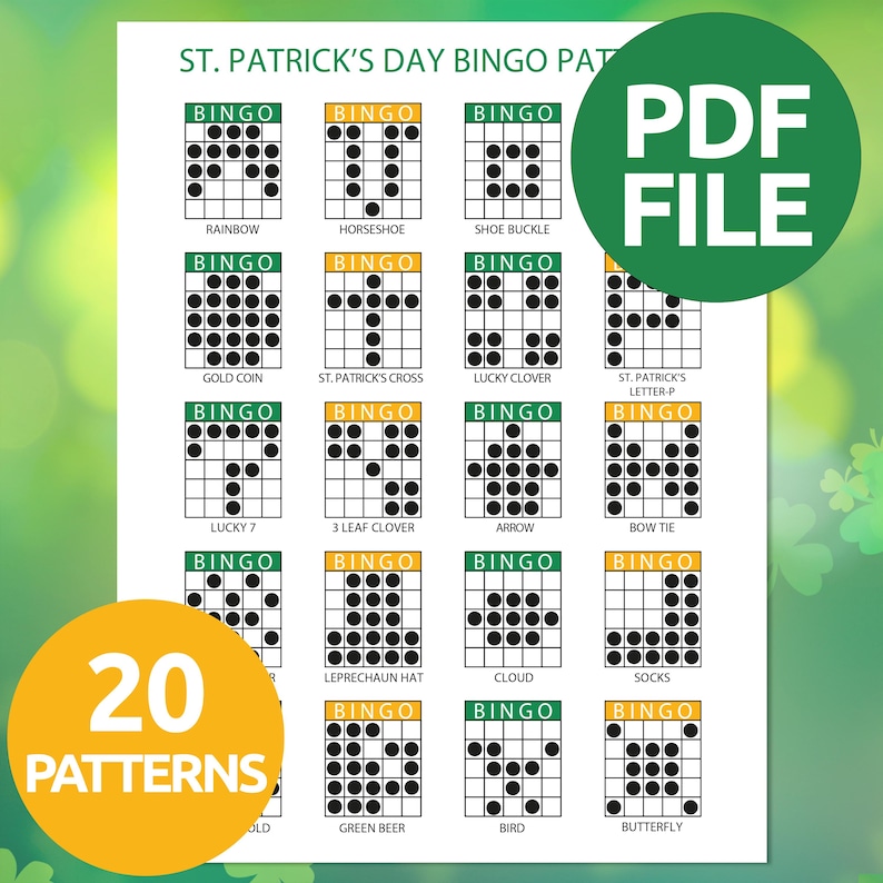Puede incluir: Un juego de bingo del D&iacute;a de San Patricio con 20 patrones. Las tarjetas de bingo presentan varias im&aacute;genes tem&aacute;ticas del D&iacute;a de San Patricio, como un arco&iacute;ris, una herradura y un tr&eacute;bol de la suerte. Las palabras "PDF FILE" est&aacute;n en un c&iacute;rculo verde y "20 PATTERNS" en un c&iacute;rculo naranja.