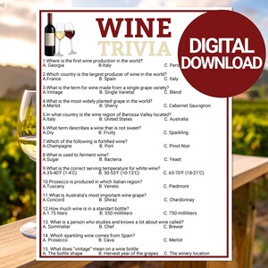 Pode incluir: Um jogo de trivia de vinho para download digital com perguntas sobre produ&ccedil;&atilde;o de vinho, variedades de uva e temperaturas de servi&ccedil;o. A imagem inclui uma garrafa de vinho tinto, um copo de vinho branco e um copo de vinho tinto.