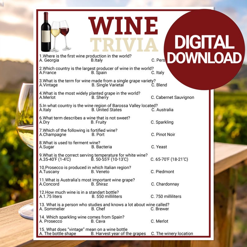 Pode incluir: Um jogo de trivia de vinho para download digital com perguntas sobre produ&ccedil;&atilde;o de vinho, variedades de uva e temperaturas de servi&ccedil;o. A imagem inclui uma garrafa de vinho tinto, um copo de vinho branco e um copo de vinho tinto.