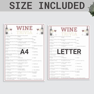 Pode incluir: Duas folhas A4 de trivia sobre vinhos, com perguntas sobre produ&ccedil;&atilde;o de vinho, castas e temperaturas de servi&ccedil;o. Cada folha apresenta ilustra&ccedil;&otilde;es de garrafas e ta&ccedil;as de vinho, com o texto "WINE TRIVIA" no topo.