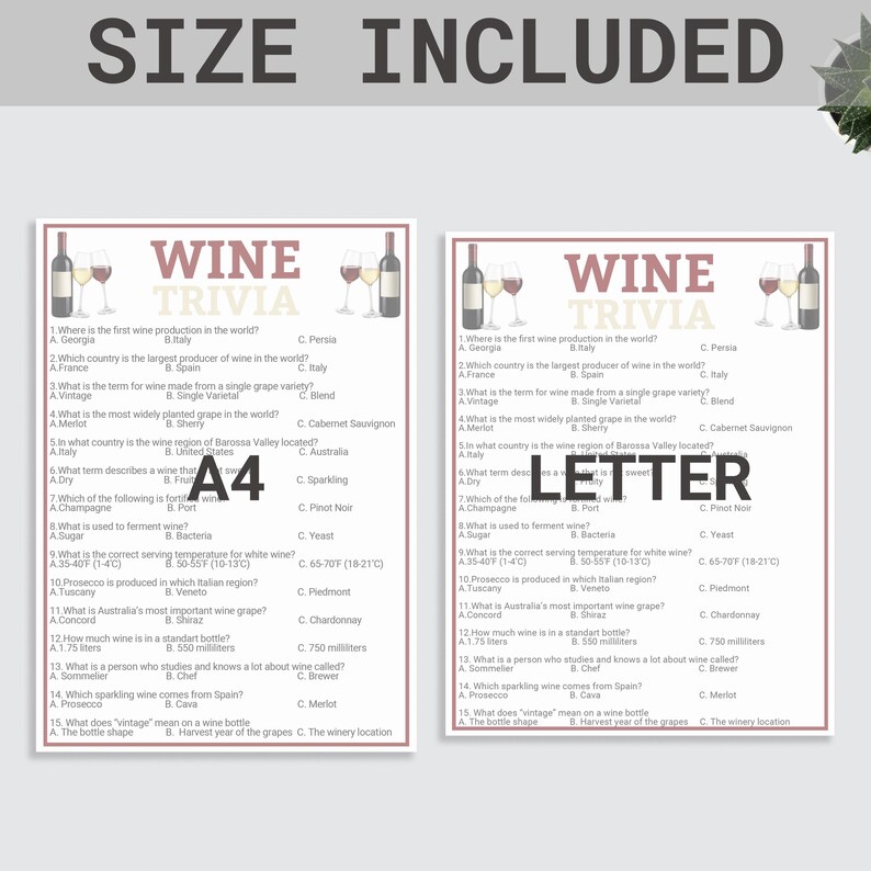 Pode incluir: Duas folhas A4 de trivia sobre vinhos, com perguntas sobre produ&ccedil;&atilde;o de vinho, castas e temperaturas de servi&ccedil;o. Cada folha apresenta ilustra&ccedil;&otilde;es de garrafas e ta&ccedil;as de vinho, com o texto "WINE TRIVIA" no topo.