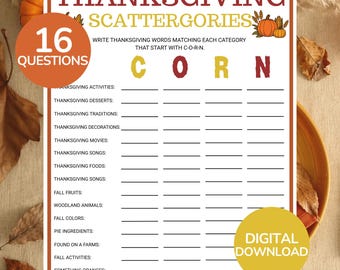 Thanksgiving Scattergories Game | Printable Thanksgiving Family Games | Thanksgiving Think Fast Game | Thanksgiving Games For Kids & Adults
