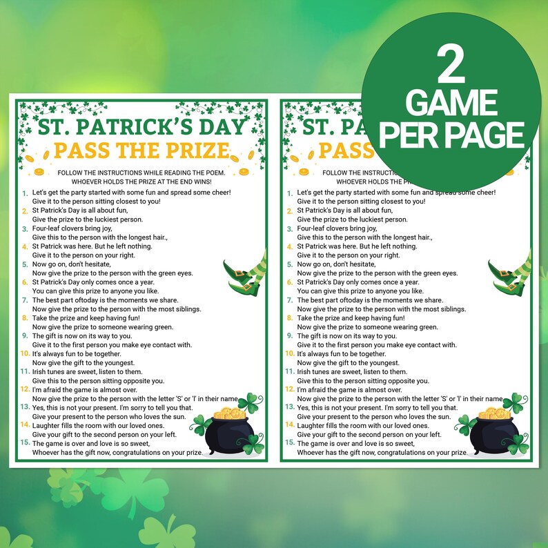St. Patrick's Pass the Prize Game | St. Patrick Day Games | Printable ...