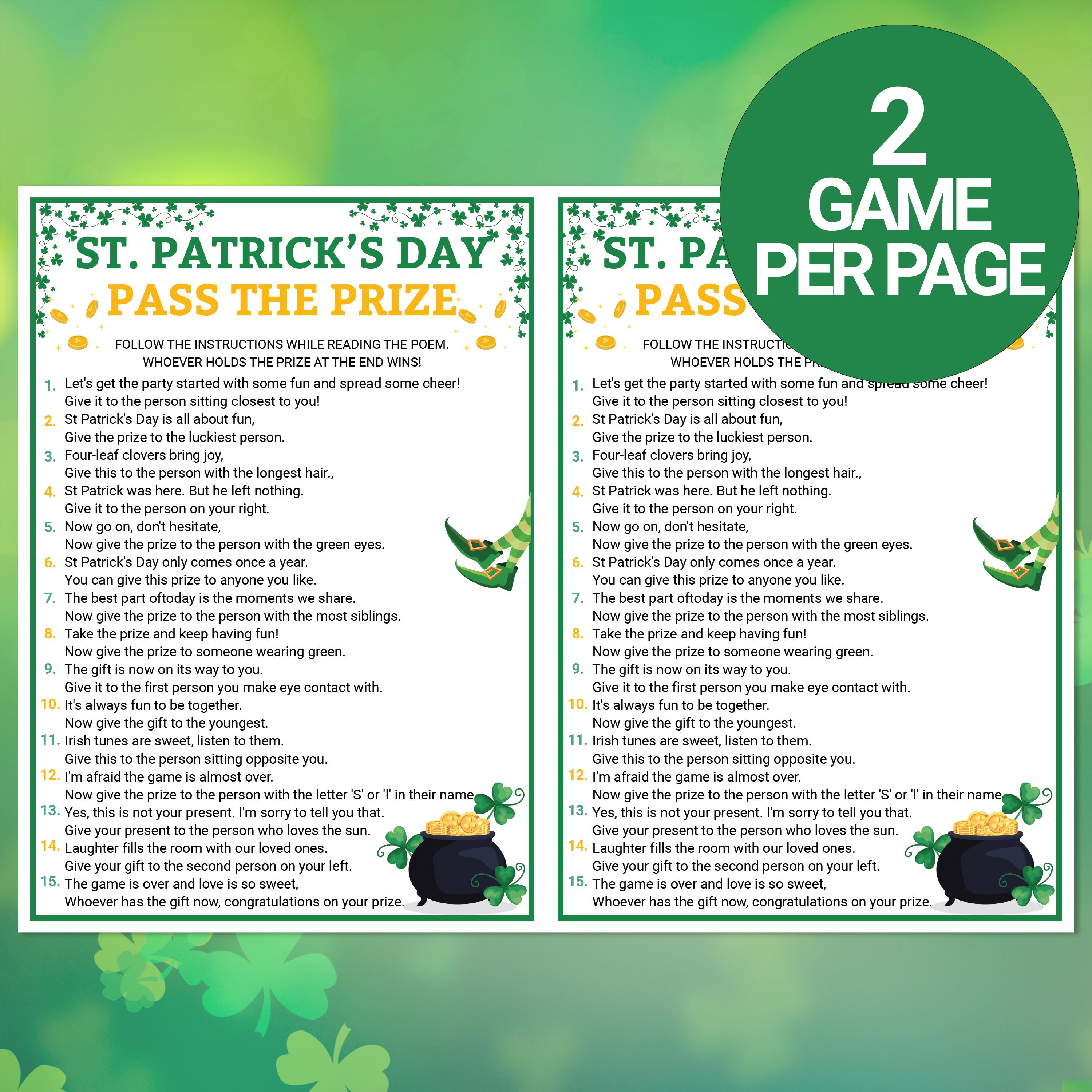 St. Patrick's Pass the Prize Game | St. Patrick Day Games | Printable ...