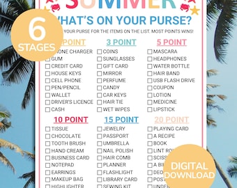 Summer What's On Your Purse Game | Printable What's In Your Bag Game | Fun Summer Party Game | Pool Party Games | Summer Icebreaker Activity