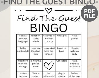 Wedding Find the Guest | Bridal Shower Find the Guest Bingo | Printable Wedding Bingo | Bridal Shower Printable Game | Wedding Table Games