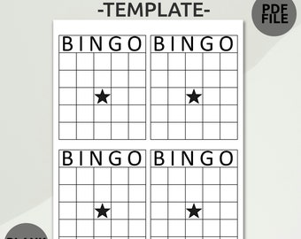May include: A printable bingo card template with four blank bingo cards. Each card has a free space in the center marked with a black star. The cards are labeled "Bingo" at the top.
