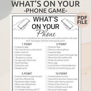 Gioco "What's On Your Phone" / Gioco "What's In Your Phone" stampabile / Gioco per cellulare / Gioco per riunioni di famiglia / Gioco per feste in ufficio / Giochi di compleanno