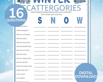 Winterliches Scattergories-Spiel | Druckbares Schnell-Denkspiel | Lustige Winter-Wortspiele | Winterpartyspiel | Winteraktivitäten für Kinder und Erwachsene