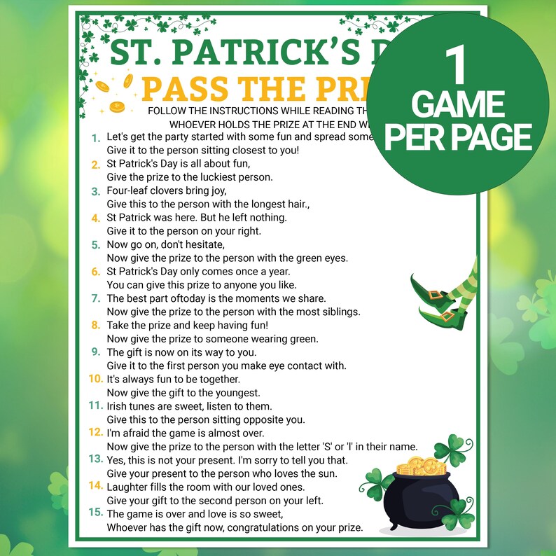 St. Patrick's Pass the Prize Game | St. Patrick Day Games | Printable ...
