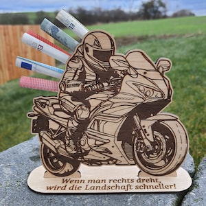 Gutschein für Männer | Geldgeschenk aus Holz | Motorrad aus Holz | Geschenkverpackung | Aufsteller Holz | Wunscherfüller | Motorrad Geschenk