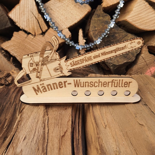 Wunscherfüller | Gutschein für Männer | Geldgeschenk aus Holz | Motorsäge aus Holz | Geschenkverpackung | Geldgeschenk Werkzeug | Kettensäge