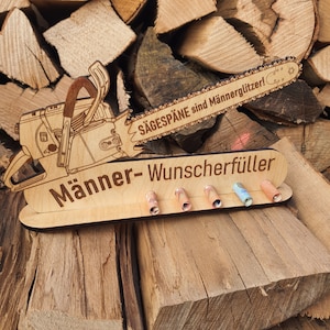 Großer Wunscherfüller personalisierbar | Gutschein für Männer | Geldgeschenk Werkzeug | Motorsäge aus Holz | Geschenkverpackung | Kettensäge