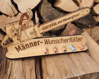 Large personalizable wish fulfiller | Voucher for men | Cash gift tool | Wooden chainsaw | Gift packaging | Chainsaw