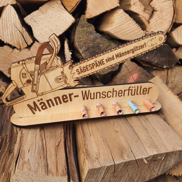 Großer Wunscherfüller personalisierbar | Gutschein für Männer | Geldgeschenk Werkzeug | Motorsäge aus Holz | Geschenkverpackung | Kettensäge