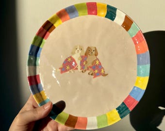 Süsser Hunde Frühstücksteller | Gemütliches Winter Geschenk | Benutzerdefinierte Haustier-Liebhaber Geschenk | Keramik bunt kariert | Lustiger Paar-Teller | Handgefertigte Keramik