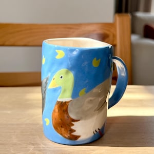Handmade Mallard Duck & Black Swan Ceramic Mug 6.8oz | Hand-Painted Bird Cup | Cottagecore Pottery Gift