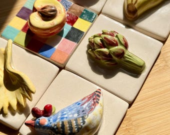 3D Ceramic Tile Set of 6 | Whimsical Kitchen Wall Decor | Hand Painted Artichoke Pasta Peach Cat Tiles | Tuscan Cottagecore Art 2.2