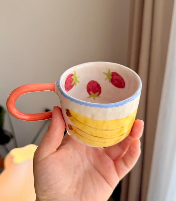 Fruit Illustration Ceramic Mug | Unique Strawberry & Banana Coffee Cup | Handmade Colorful Kitchen Decor | Cute Gift for Fruit Lovers |200ml