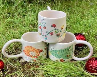 Lustiger Katzenliebhaber Becher, freche Katze klopft Weihnachtsbaum, handgemachte keramische Kaffeetasse, einzigartiges Feiertagsgeschenk für Katzenmama, Winterdekor